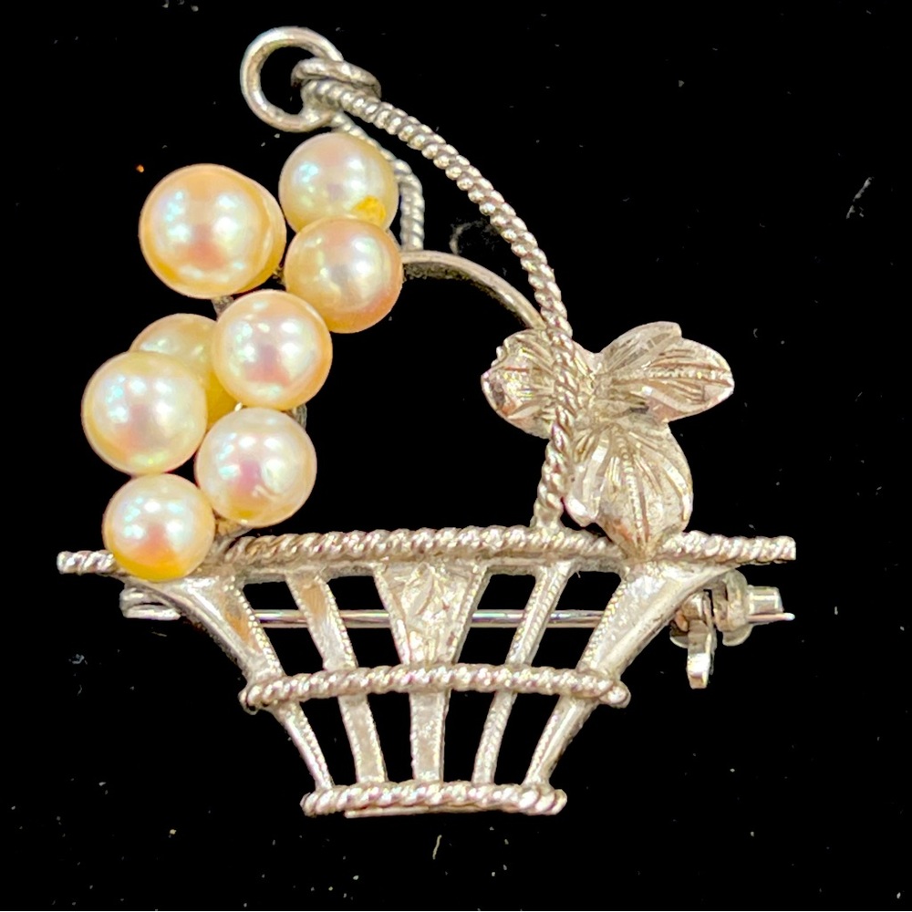 Handmade Sterling Silver Brooch Pendant Pin Akoya Pearl Basket MCM Stamped EUC